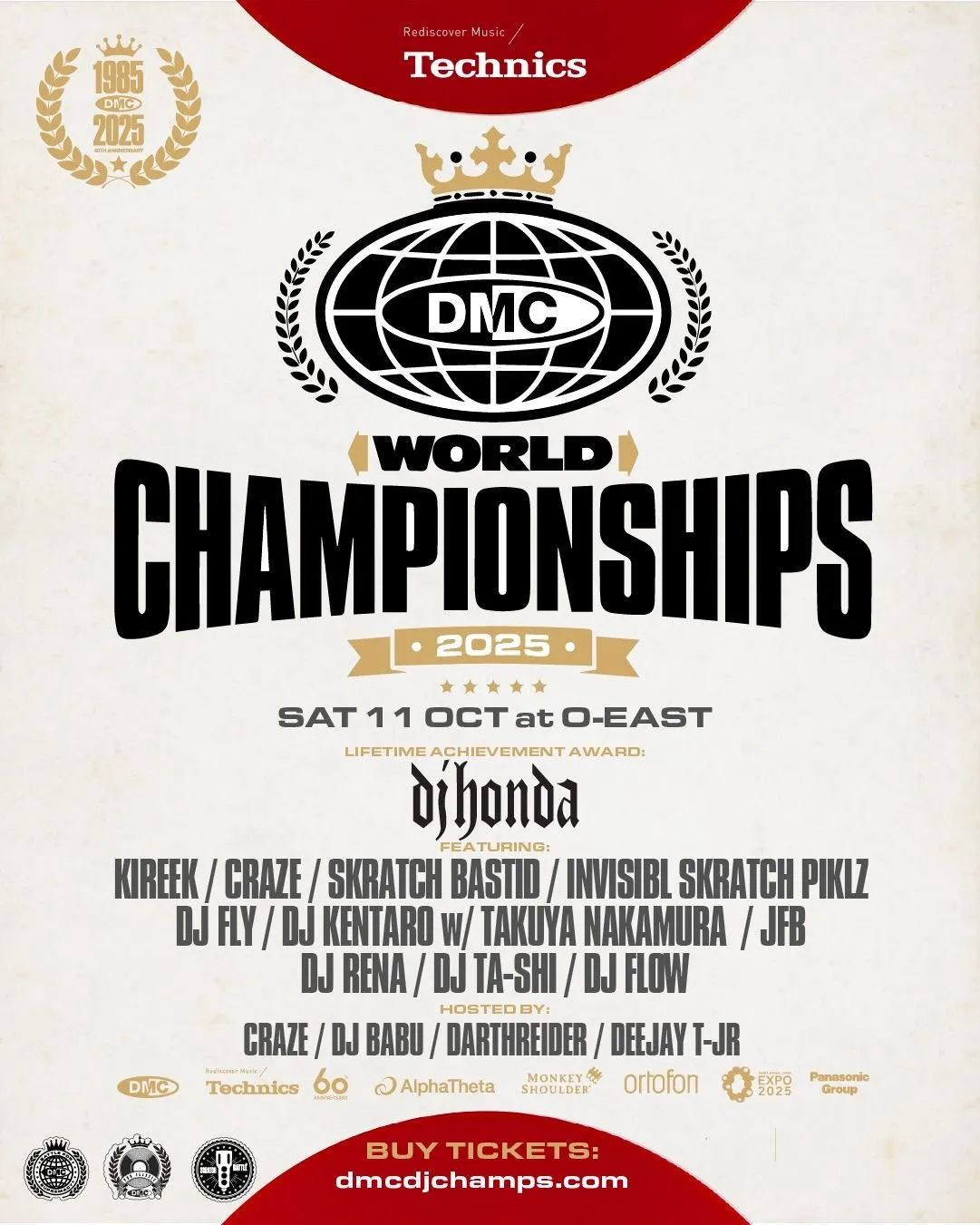 Official DMC World Championships 2025 line-up flyer, listing DEEJAY T-JR. as a host alongside Craze, DJ Babu and Darthreider.