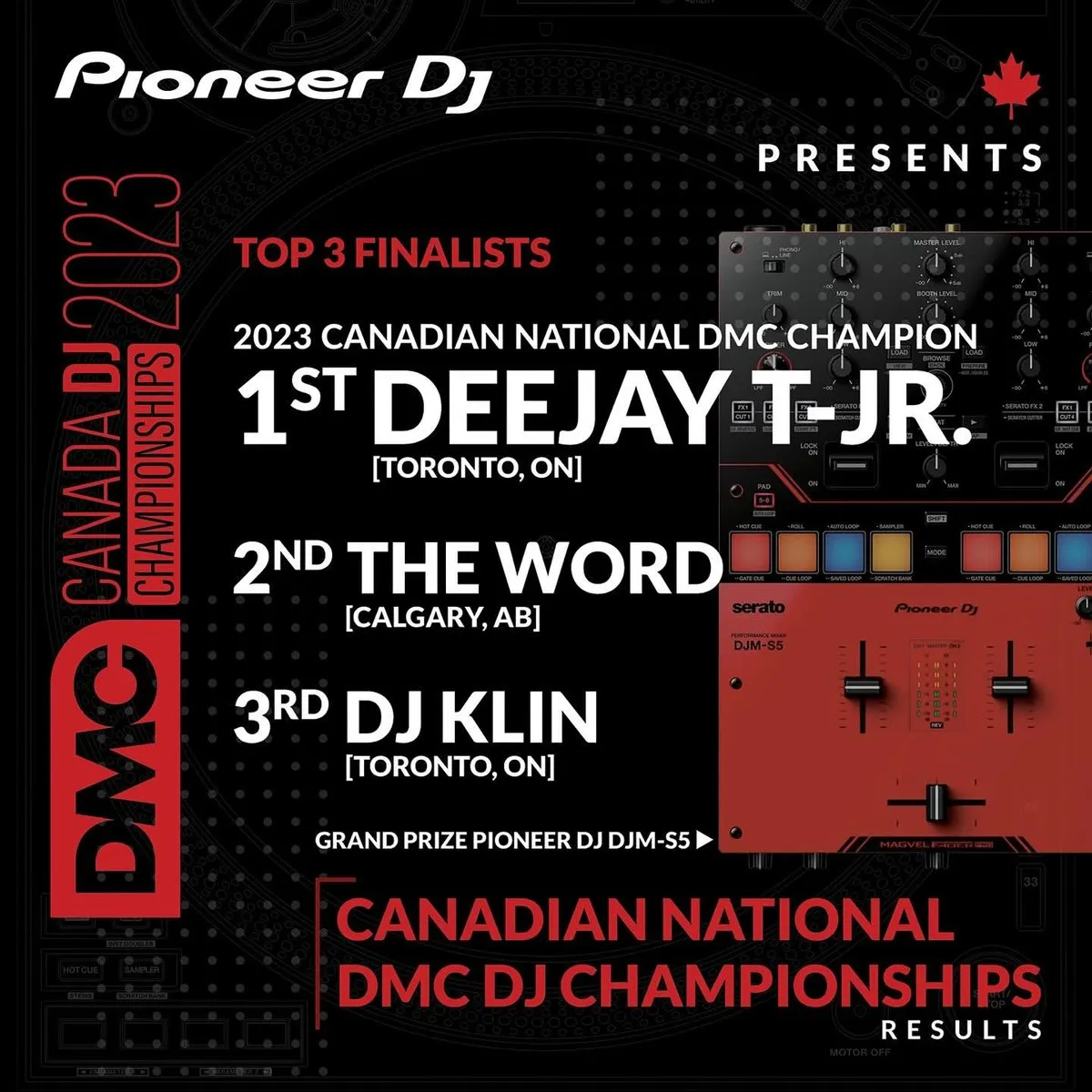Official 2023 DMC Canada DJ Championships results showing DEEJAY T-JR. in first place.