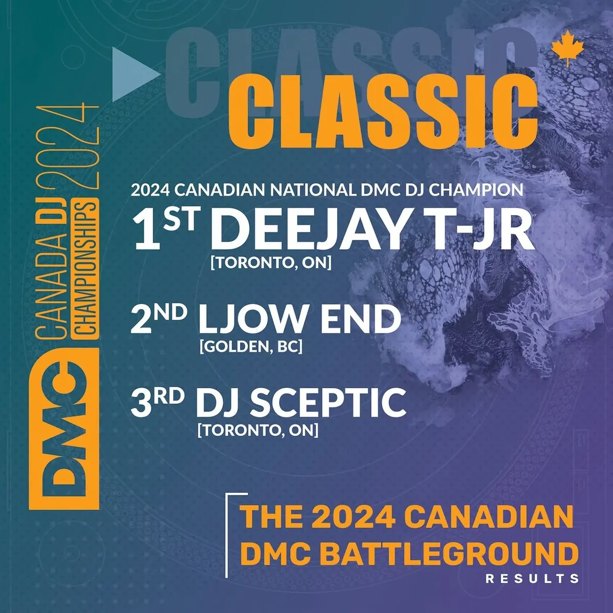 Official 2024 DMC Canada DJ Championships results: 1st place, DEEJAY T-JR., Toronto, Ontario.