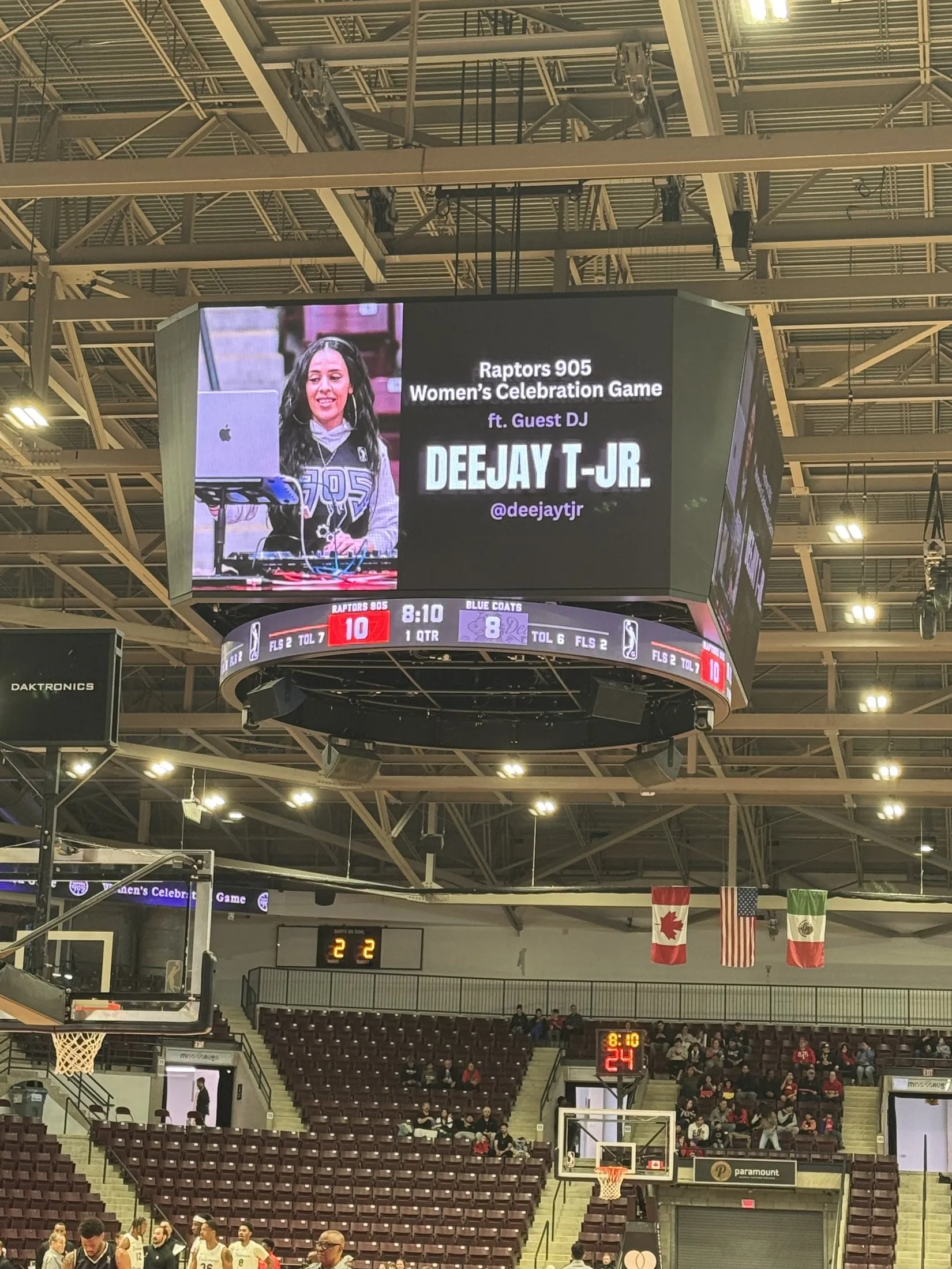 The arena scoreboard reading: Raptors 905 Women's Celebration Game, featuring guest DJ DEEJAY T-JR.